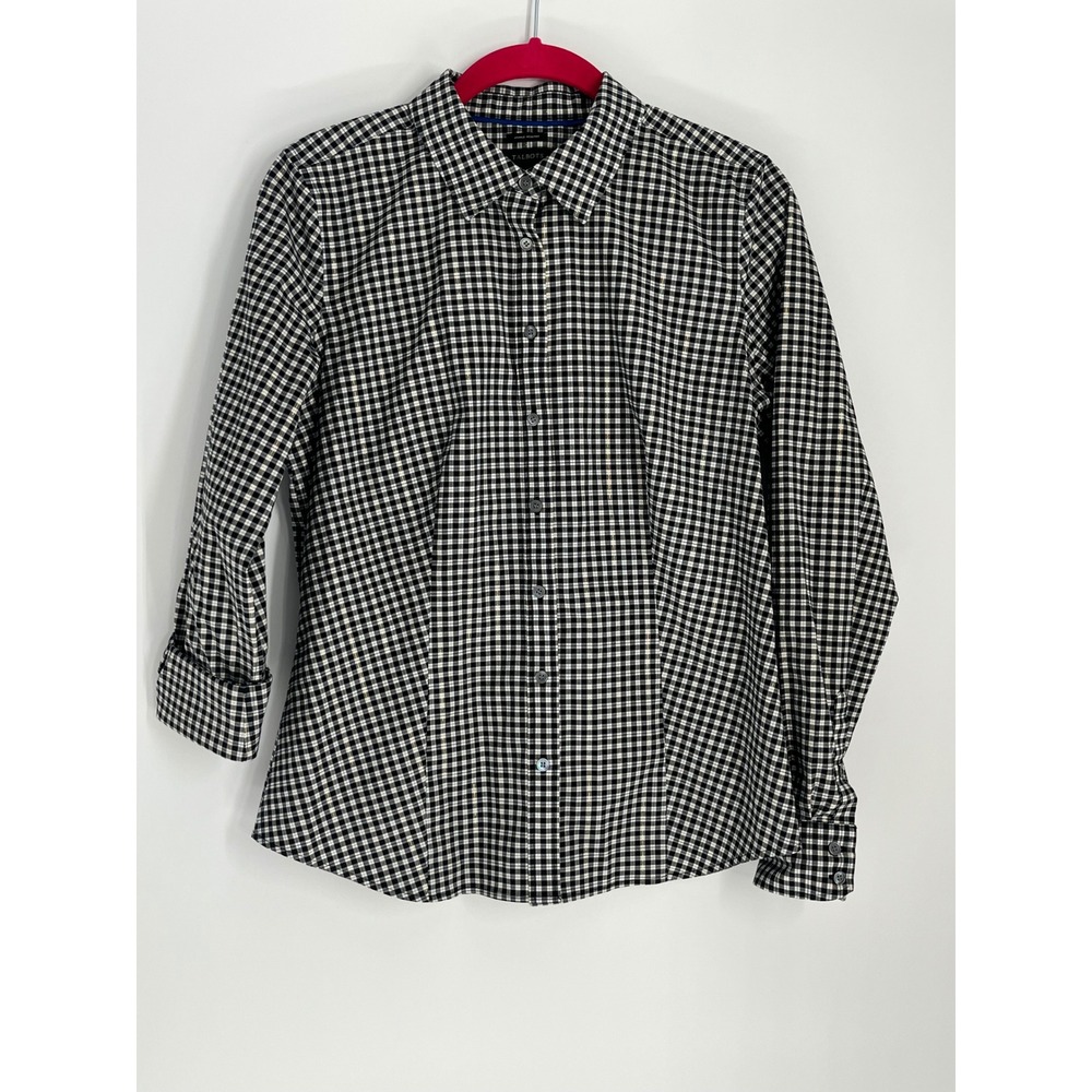 Talbots Gingham Metallic Gold Stripe Button Up Shirt Women 4 Black White Preppy